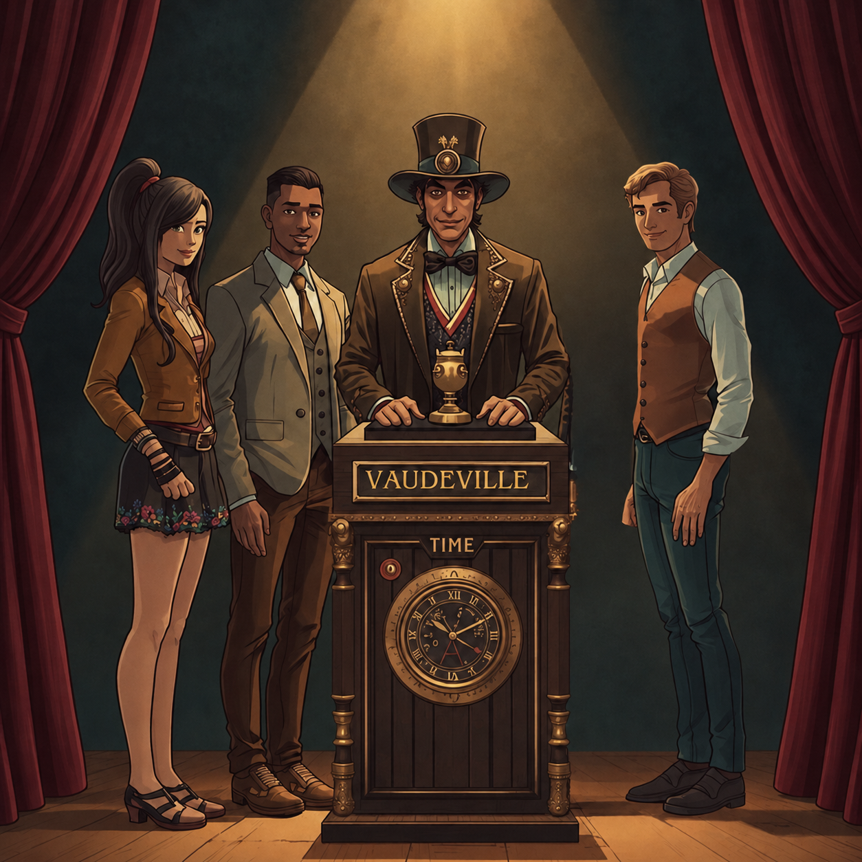 An elaborate brass time machine with clocks, gears, and a glowing chamber