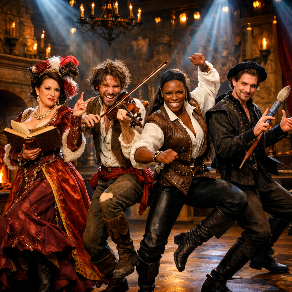 The Enchanters characters dancing with a violinist